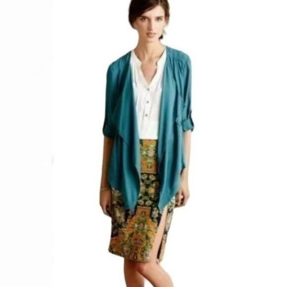 Elevenses Eldora Women's Medium Teal Crepe Draped Open Front Blazer - Picture 1 of 9